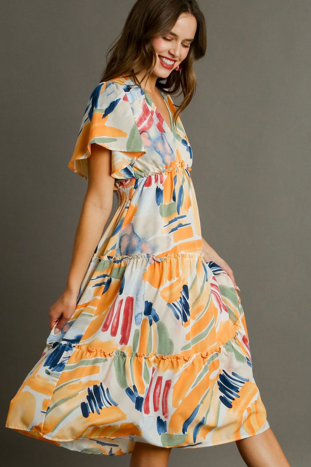 Umgee Full Size Abstract Print Flutter Sleeve Frill Tiered Midi Dress